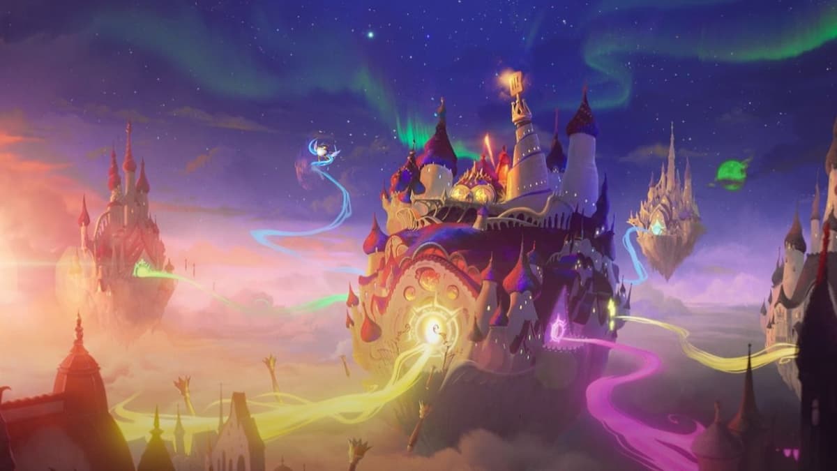 Castle in the sky with Golden Spatula tower and magic all around it for Tocker's Trials in TFT Set 12