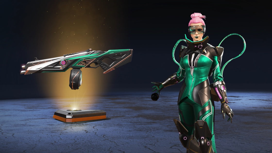 A green Catalyst skin with visor-like sunglasses and pink hair, along with matching EVA-8 shotgun.