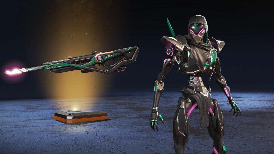 A black Revenant skin with hood, glowing pink eyes and accents. Matching Sentinel sniper skin with glowing pink barrel.