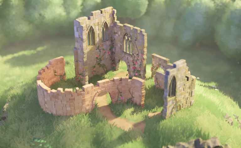 A screenshot from the Tiny Glade trailer, showing a castle on a grassy hill.