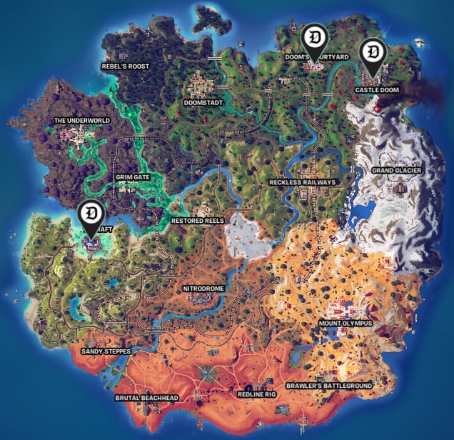 Picture showcasing the Fortnite map with three locations to get SHADOW briefing Armory quests.