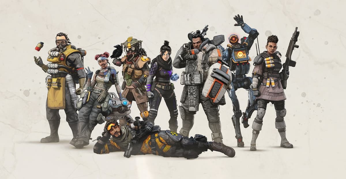 The original cast of Apex Legends characters posing together on a beige background.