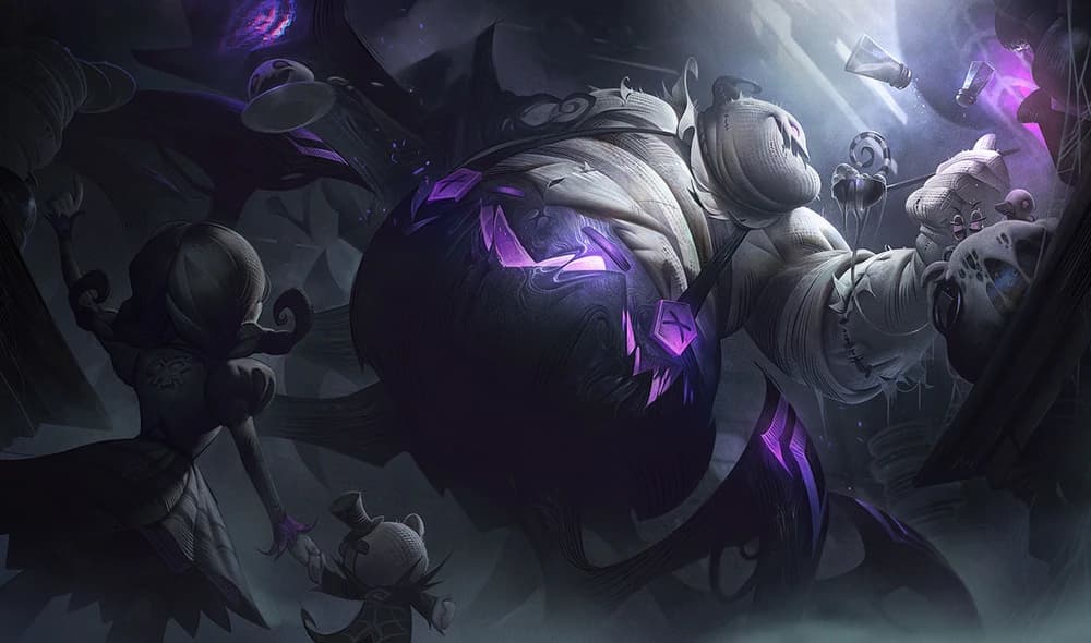 Fright Night Urgot samples a dish in his LoL splash art, holding a ladle with a suspicious concoction in it.