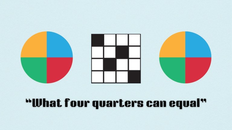 two circles with each quarter a different color next to a crossword puzzle above the clue, 'What four quarters can equal' from the Aug. 19 NYT Mini Crossword puzzle