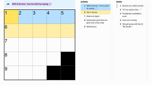 the clue, 'With 6-Across, "Let me start by saying ..."' highlighted in blue and yellow on the NYT Mini Crossword puzzle Aug. 15