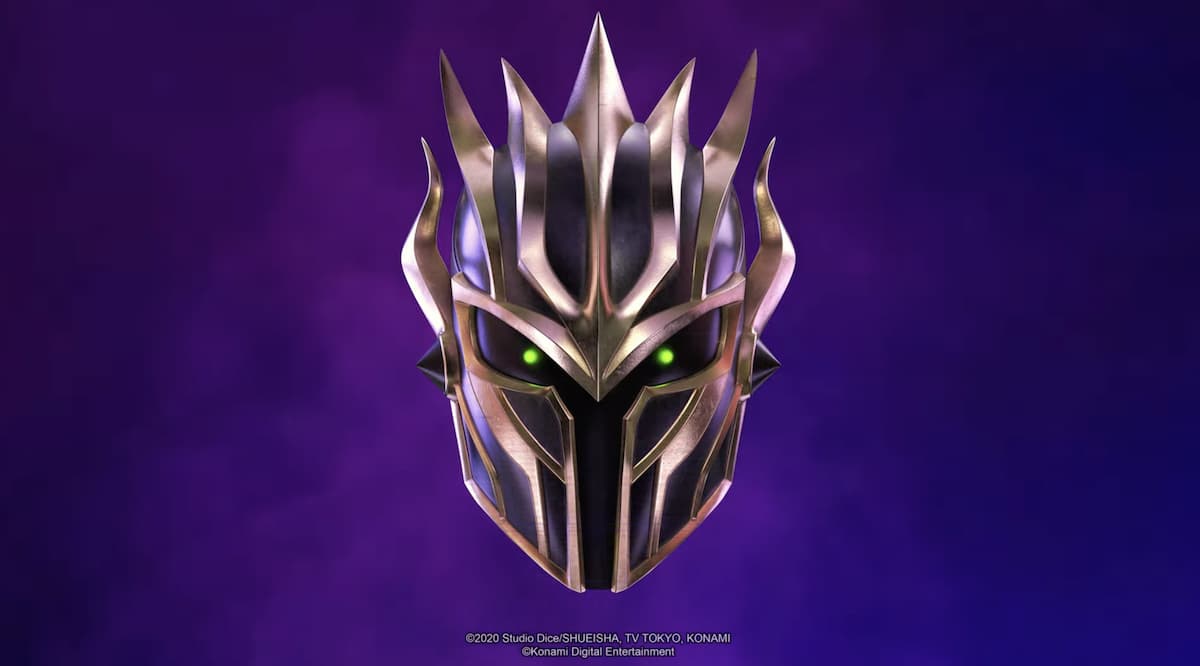 A mysterious mask with pointed edges floating on a dark purple background.