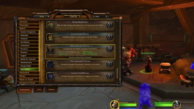 A player's earthen allied race achievement progress with broken tools marked off in wow the war within