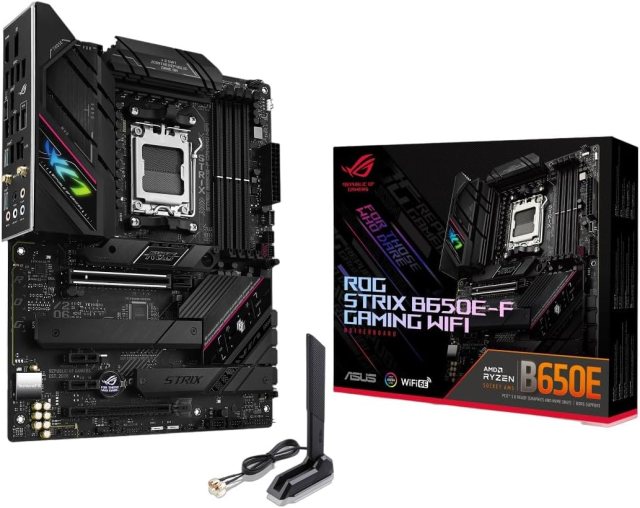 Asus ROG Strix B650E-F Gaming WiFi motherboard with its box packaging