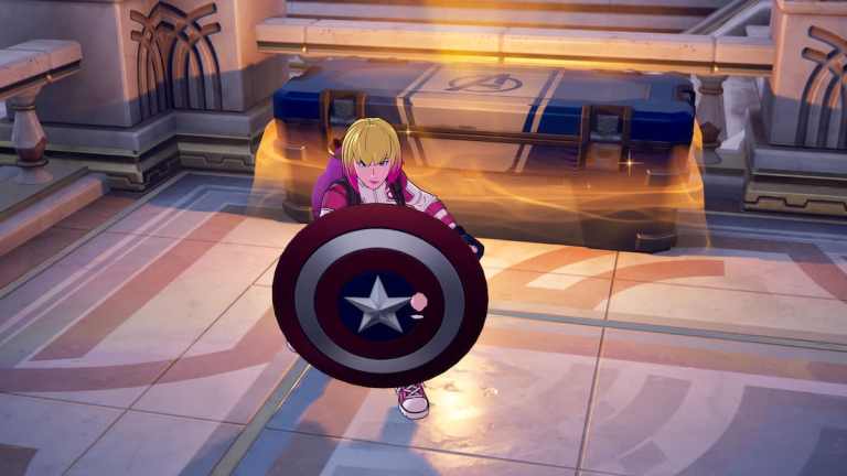 Gwenpool kneeling in front of an Avenger's Chest in Fortnite.