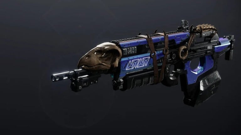 The base version of the Bad Juju pulse rifle in Destiny 2, with an avian skull tied above the barrel. Ornaments change this weapon's look to include, for instance, the skull of an Ahamkara.