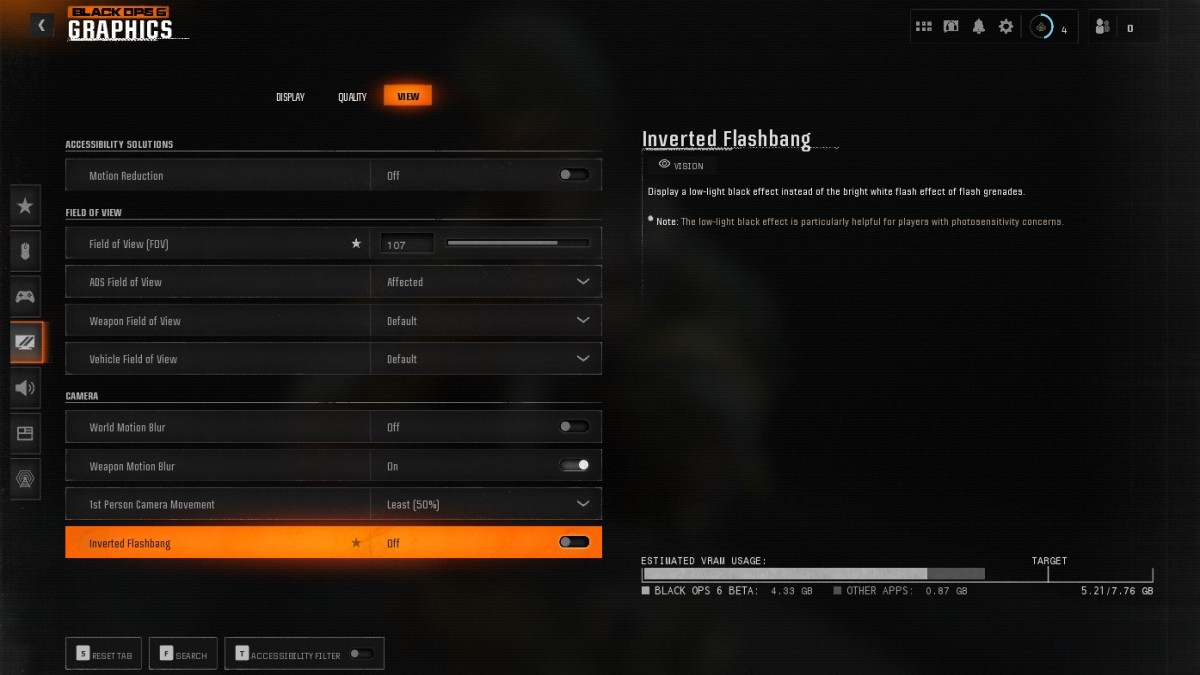 Black Ops 6 Graphics Settings section with View open