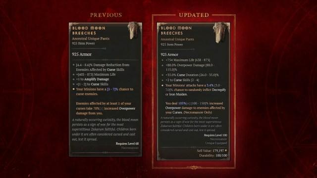 Two cards for the blood moon breeches. One with the old stats and one with the new stats in Diablo 4.