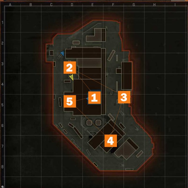 A minimap overview of Rewind in Black Ops 6 with the hardpoints shown.