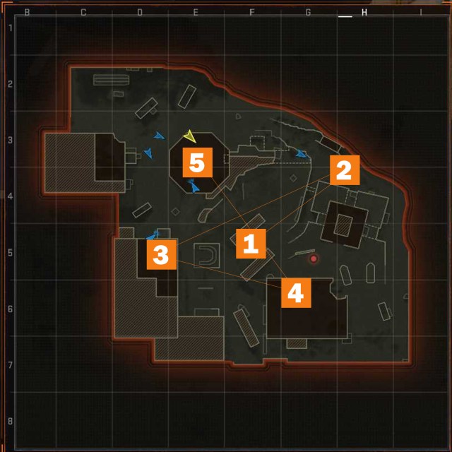 A minimap overview of Scud in Black Ops 6 with the hardpoints shown.