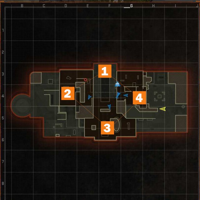 A minimap overview of Skyline in Black Ops 6 with the hardpoints shown.