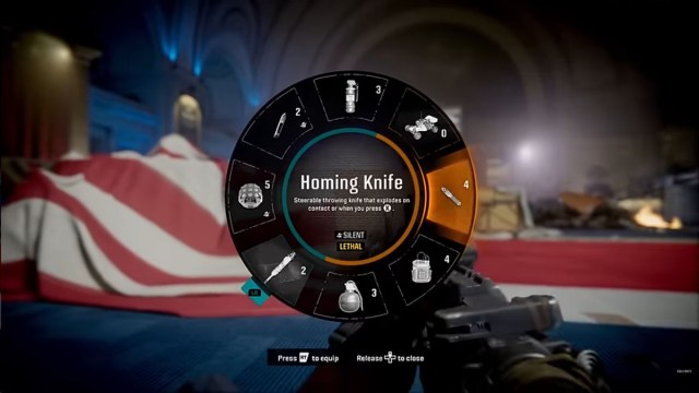 A player prone on the ground opens a menu and selects the Homing Knife in Black Ops 6.