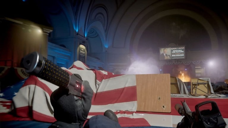 A character behind a fallen desk holds a knife, preparing to throw it, in Black Ops 6.