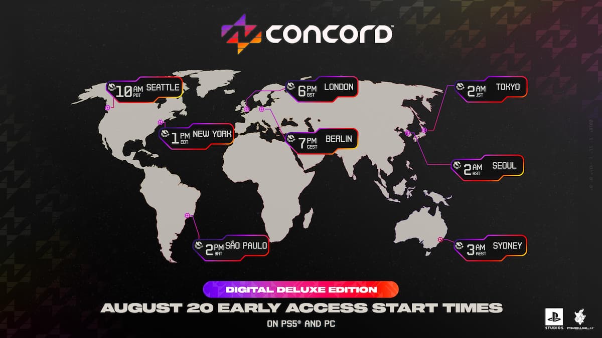 Concord Early Access launch times presented in a map of the world.