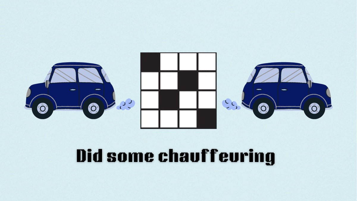 A crossword with two blue cars driving on either side of it and the "did some chauffeuring" clue underneath it.