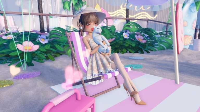 Sitting on the beach in a lawn chair holding a white cat in Roblox Dress To Impress.