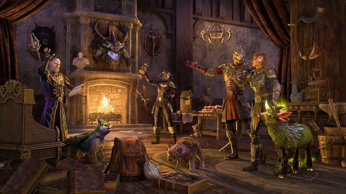 Several ESO players in a house celebrating by the fireplace.