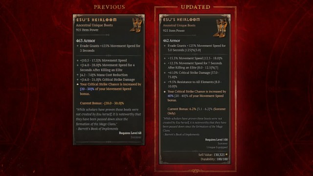 Two cards showing the old stats for Esu's Heirloom and the new stats for it in Diablo 4