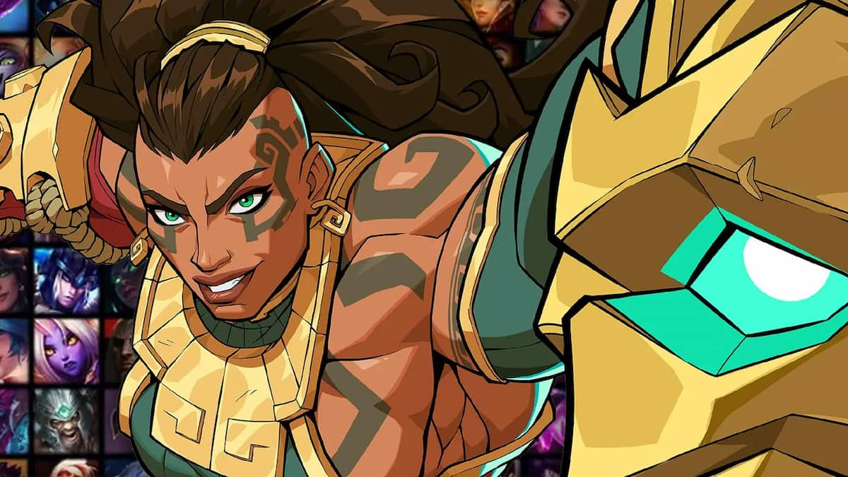 Illaoi as she appears in the 2XKO fighting game swings a huge haymaker punch in front of the League of Legends champion select screen.