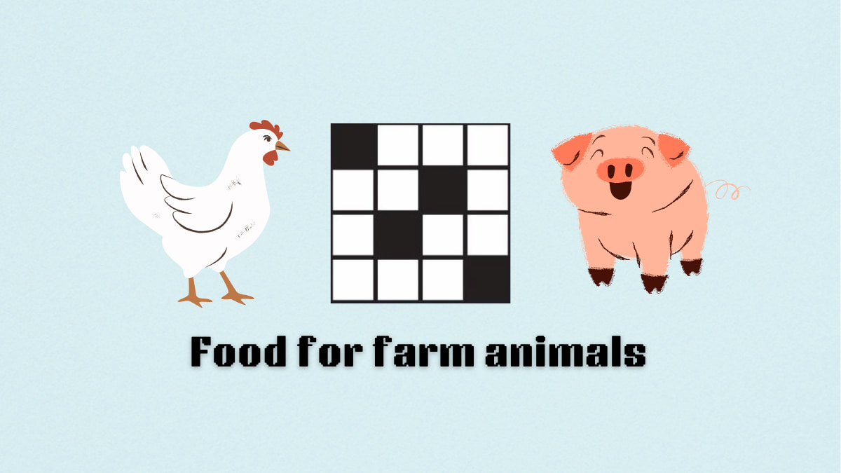 The "Food for farm animals" clue undeneath a crossword with a chicken and pig on either side of it.