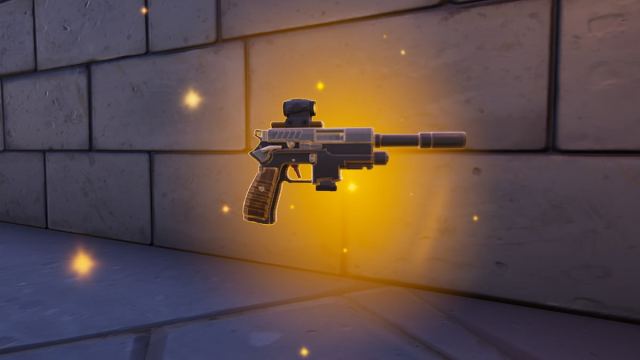 Doctor Doom's Monarch Pistol glowing gold while floating above the ground in Fortnite.