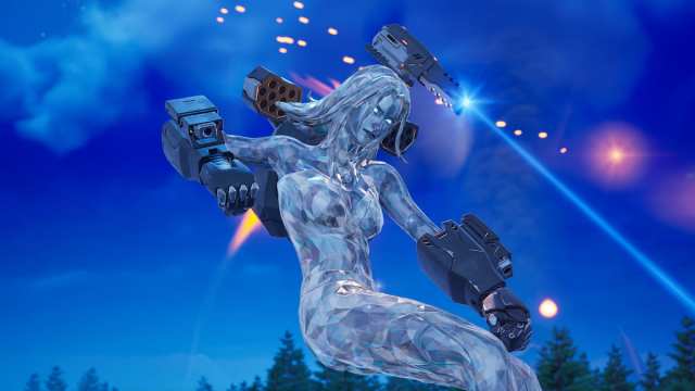 Emma Frost flying and firing War Machine's Arsenal in Fortnite.