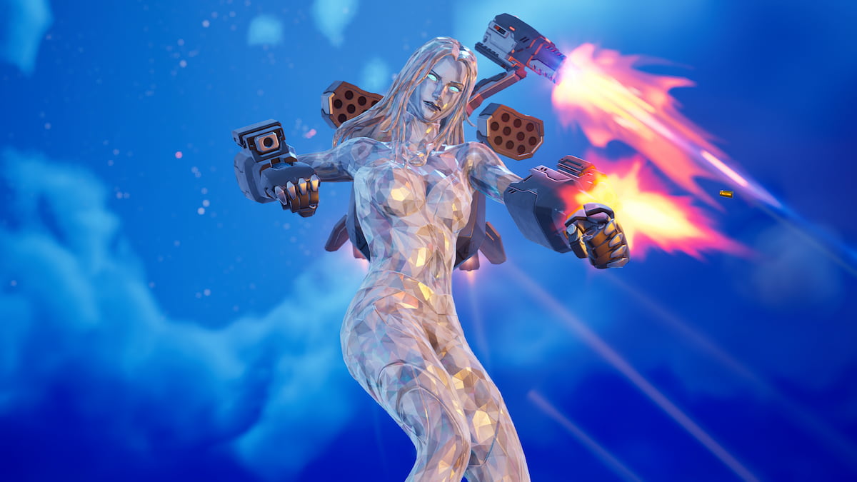 Emma Frost firing using War Machine's Arsenal in Fortnite.