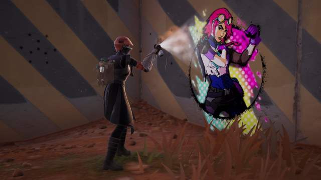 Fennec spraying a wall with a Brite Raider logo in Fortnite.