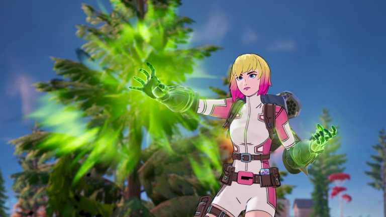 Gwenpool using Doctor Doom's Arcane Gauntlet's in Fortnite.