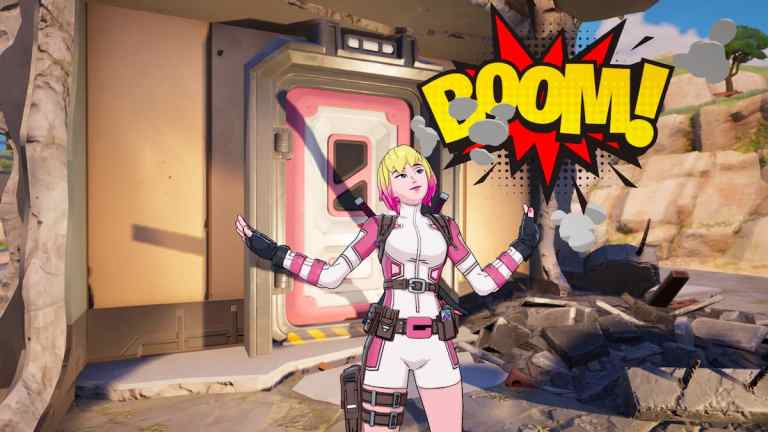 Gwenpool dancing by the word "boom" outside of Gwenpool's cell in Fortnite.