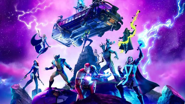 Marvel characters gathered under the Battle Bus in Fortnite.