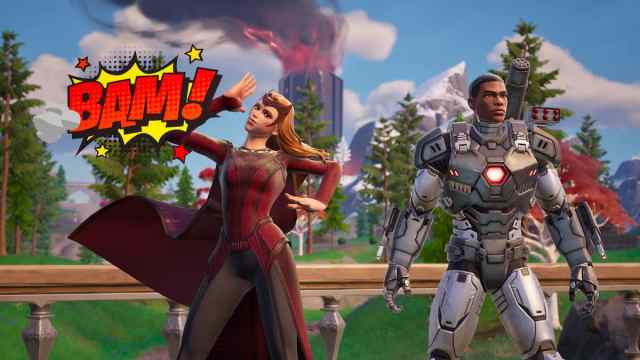 Scarlet Witch dancing next to War Machine in Fortnite.