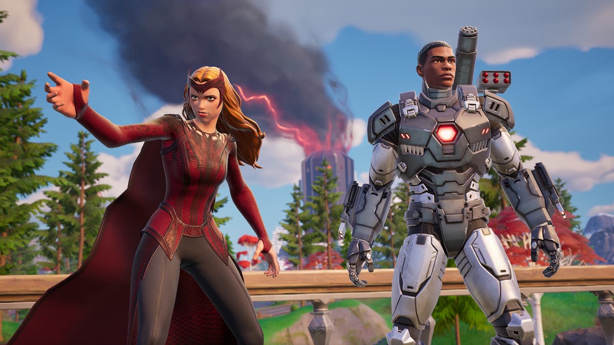 Scarlet Witch standing by War Machine in Fortnite.