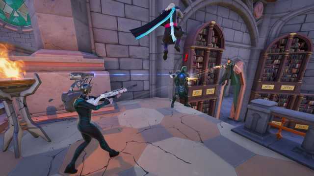 Hela, Thor, and Loki working together to defeat Doombot in Fortnite.