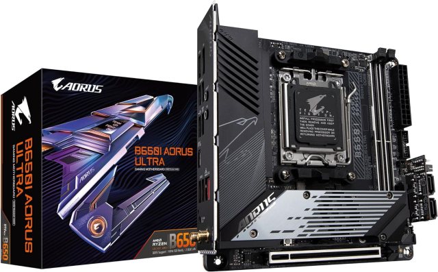 Gigabyte B650I Aorus Ultra motherboard with its box packaging