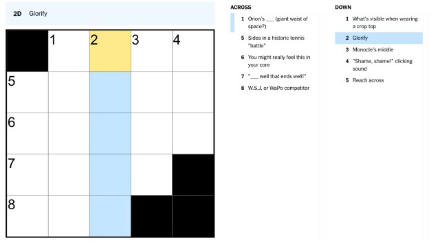 glorify clue on the crossword for the nyt mini crossword aug 2