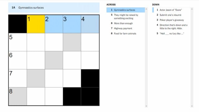 The Aug. 13 NYT Mini Crossword with the "Gymnastics surfaces" clue highlighted.