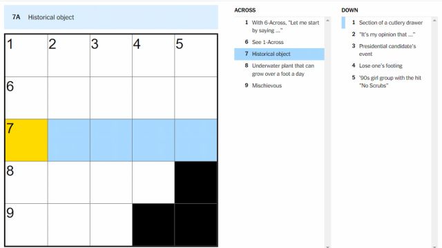 The "Historical object" clue marked on the NYT Mini Crossword.