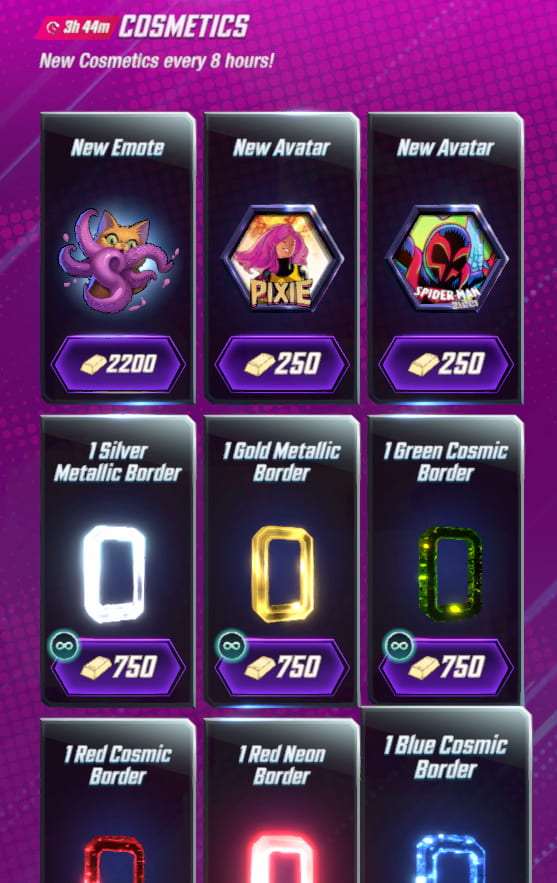 New cosmetics in the Marvel Snap shop, with a pink background.