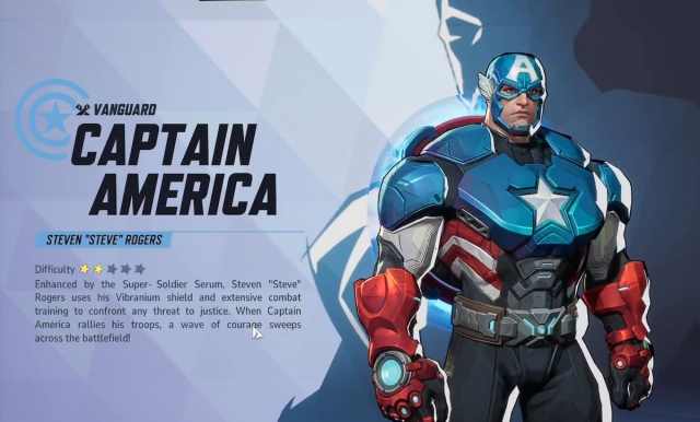 Captain America preview page in Marvel Rivals, showing the hero in his red, white, and blue suit.