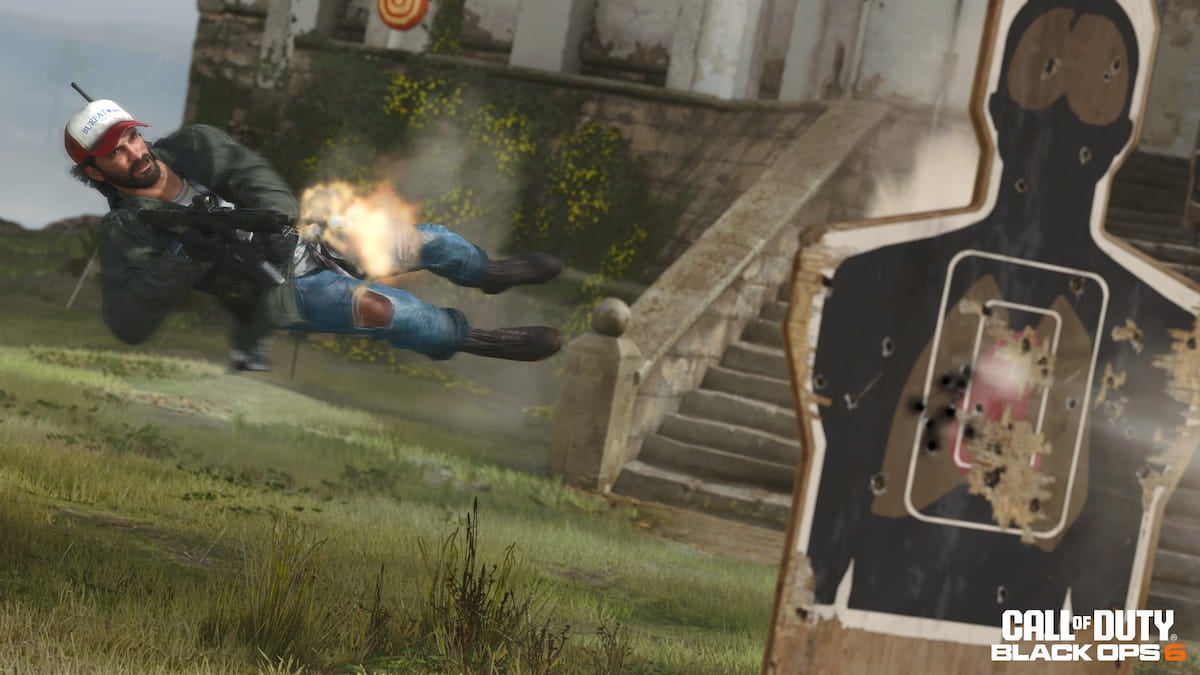 A player diving and shooting while in the Black Ops 6 training course firing range