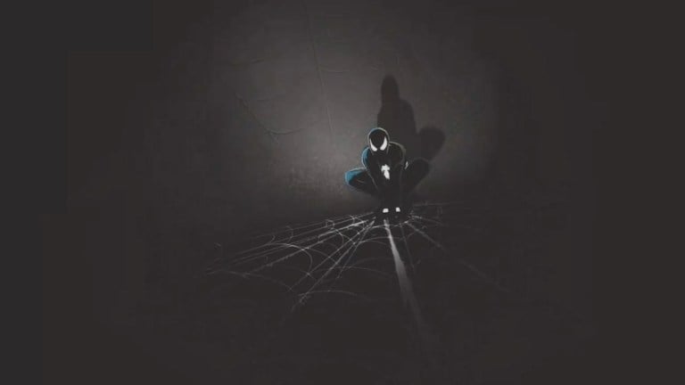 Symbiote Spider-Man hiding in the dark