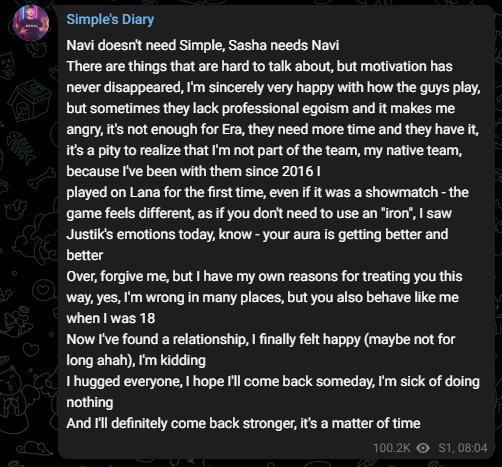 A translation of a statement from s1mple.