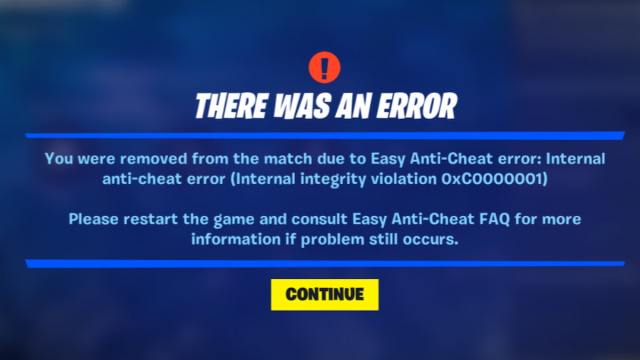 The internal anti-cheat error in Fortnite.