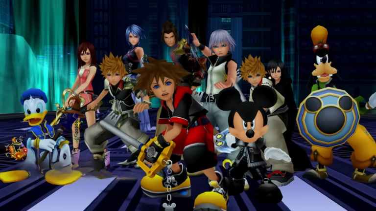 A group of chaarcters gathered and preapring for a fight in Kingdom Hearts.