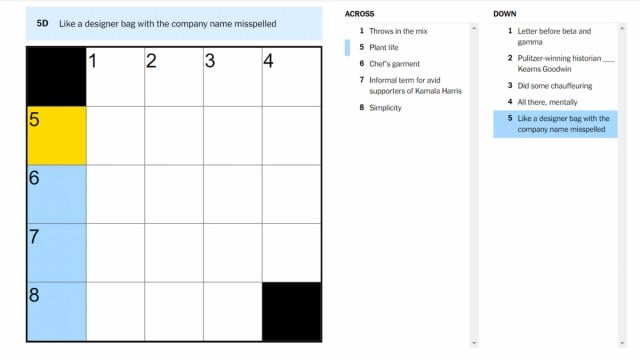 The "Like a designer bag with the company name misspelled" clue marked on the NYT Mini Crossword.